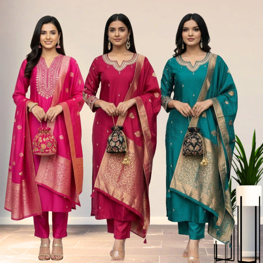 Women's Pack of 3 Pure Cotton Kurtis with Pant & Dupatta|C-10