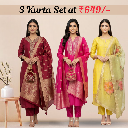 Women's Pack of 3 Pure Cotton Kurtis with Pant & Dupatta |C-02