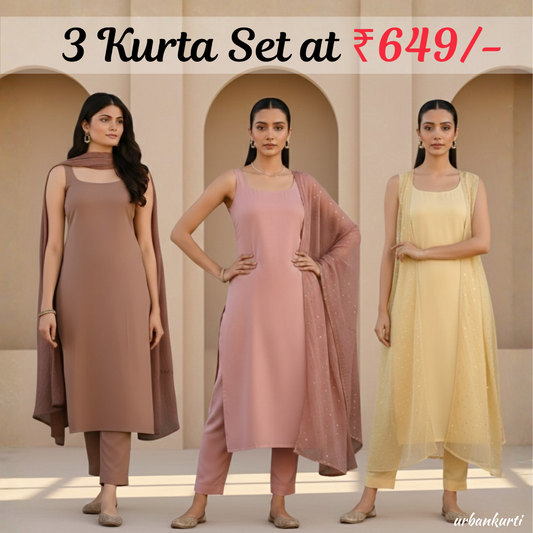 Women's Pack of 3 Pure Cotton Kurtis with Pant & Dupatta |C-018
