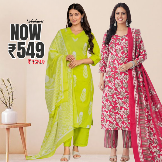 Pack of 2 Premium Cotton Kurtis with Pant & Dupatta – Casual Ethnic| C-16