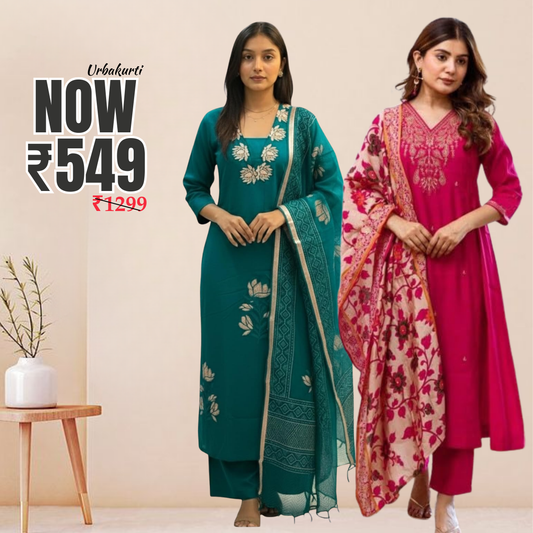 Pack of 2 Premium Cotton Kurtis with Plazzo Pant & Dupatta – Casual Ethnic| C-18