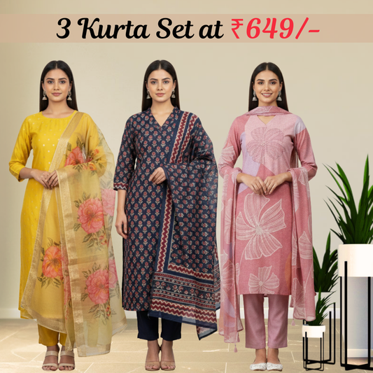 Women's Pack of 3 Pure Cotton Kurtis with Pant & Dupatta|C-09