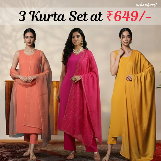 Women's Pack of 3 Pure Cotton Kurtis with Pant & Dupatta |C-019